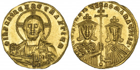 Constantine VII, Porphyrogenitus (913-359), solidus, Constantinople, facing bust of Christ, rev., facing busts of Constantine VII and Romanus II, hold...