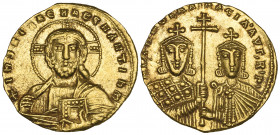 Nicephorus II, Phocas (963-969), histamenon, Constantinople, facing bust of Christ, rev., facing busts of Nicephorus and Basil II, holding between the...