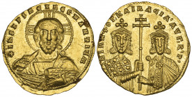 Nicephorus II, Phocas (963-969), histamenon, Constantinople, facing bust of Christ, rev., facing busts of Nicephorus and Basil II, holding between the...
