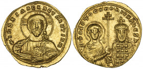 Nicephorus II, Phocas (963-969), histamenon, Constantinople, facing bust of Christ, rev., facing busts of Virgin and Nicephorus, holding between them ...