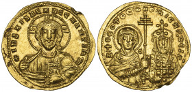 Nicephorus II, Phocas (963-969), histamenon, Constantinople, facing bust of Christ, rev., facing busts of Virgin and Nicephorus, holding between them ...