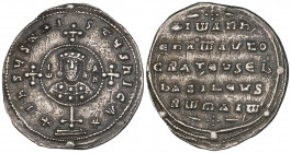 John I, Tzimisces (969-976), miliaresion, Constantinople, cross crosslet on globus above two steps; at centre medallion with facing bust of John, trip...