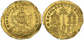 Basil II, Bulgaroktonos (976-1025), histamenon, Constantinople, facing bust of Christ, rev., facing busts of Basil II and Constantine, holding between...
