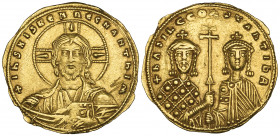 Basil II, Bulgaroktonos (976-1025), histamenon, Constantinople, facing bust of Christ, rev., facing busts of Basil II and Constantine, holding between...