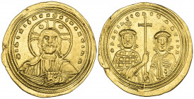 Basil II, Bulgaroktonos (976-1025), histamenon, Constantinople, facing bust of Christ wearing nimbus ornamented with two crescents, rev., facing busts...