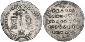 Basil II, Bulgaroktonos (976-1025), miliaresion, Constantinople, cross crosslet on globus above four steps; facing busts of Basil on left and Constant...