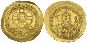 Constantine IX, Monomachus (1042-1055), histamenon, Constantinople, facing bust of Christ, rev., facing bust of Constantine IX holding long cross and ...