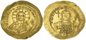 Constantine IX, Monomachus (1042-1055), histamenon, Constantinople, facing bust of Christ, rev., facing bust of Constantine IX holding long cross and ...