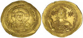Constantine IX, Monomachus (1042-1055), histamenon, Constantinople, 1054, facing bust of Christ wearing nimbus, rev., facing bust of Constantine IX ho...