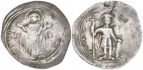 Constantine IX, Monomachus (1042-1055), miliaresion, Constantinople, Virgin orans facing, rev., Constantine standing facing, holding long cross and sw...