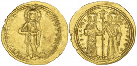 Theodora (1055-1056), histamenon, Constantinople, Christ standing facing holding book of Gospels, rev., Theodora and the Virgin standing facing, holdi...