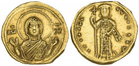 Michael VI, Stratioticus (1056-1057), tetarteron, Constantinople, facing bust of the Virgin orans, rev., Michael standing facing, holding long cross a...