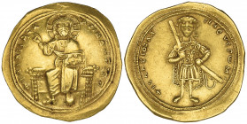 Isaac I, Comnenus (1057-1059), histamenon, Constantinople, Christ enthroned facing, rev., Isaac standing facing, holding sword and sheath; double boar...