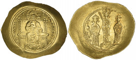 Eudocia (1067), histamenon, Constantinople, Christ enthroned facing, rev., standing figures of Eudocia, holding jewelled scepter, between Michael and ...