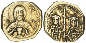 Michael VII, Ducas (1071-1078), electrum tetarteron, Constantinople, facing bust of Theotokos Nikopoios, rev., facing busts of Michael and Maria holdi...