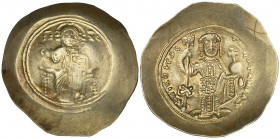 Nicephorus III, Botaniates (1078-1081), electrum histamenon, Constantinople, Christ enthroned facing, rev., Nicephorus standing facing holding labarum...