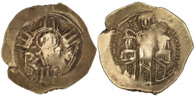 Andronicus II and Andronicus III (1325-1328), hyperpyron, Constantinople, bust of the Virgin within city walls with four groups of towers; sigla B/K/(...
