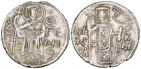 Manuel I, Comnenus (1238-1263), asper, Trebizond, St. Eugenius standing facing, holding long cross, rev., Manuel standing facing, holding labarum and ...