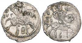 Alexius III (1349-1390), asper, Trebizond, St. Eugenius seated on horse marching right, holding cruciform sceptre, B below, rev., Alexius seated on ho...