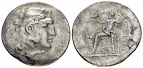 KINGS of MACEDON. Alexander III.(336-323 BC).Alabanda.Tetradrachm. 

Obv : Head of Herakles right, wearing lion skin.

Rev : AΛΕΞΑΝΔΡΟΥ.
Zeus seated l...