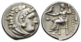 KINGS of MACEDON.Alexander III.(336-323 BC).Kolophon.Drachm. 

Obv : Head of Herakles right, wearing lion skin.

Rev : AΛEΞANΔPOY.
Zeus seated left wi...