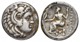 KINGS of MACEDON.Alexander III.(336-323 BC).Drachm. 

Obv : Head of Herakles right, wearing lion skin.

Rev : AΛEΞANΔPOY.
Zeus seated left on throne, ...