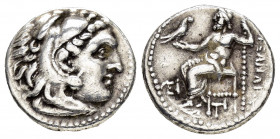 KINGS of MACEDON.Alexander III.(336-323 BC).Drachm.

Obv : Head of Herakles right, wearing lion skin.

Rev : AΛΕΞΑΝΔΡΟΥ.
Zeus seated left on throne, h...