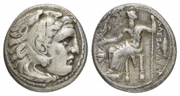KINGS of MACEDON.Alexander III.(336-323 BC).Magnesia.Drachm. 

Obv : Head of Herakles right, wearing lion skin.

Rev : AΛEΞANΔPOY.
Zeus seated left wi...