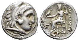 KINGS of MACEDON.Alexander III.(336-323 BC).Drachm.

Obv : Head of Herakles right, wearing lion skin.

Rev : AΛEΞANΔPOY.
Zeus seated left with ea...