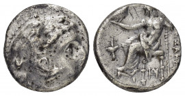 KINGS of MACEDON.Alexander III.(336-323 BC).Sardes.Drachm.

Obv : Head of Herakles right, wearing lion skin.

Rev : AΛEΞANΔPOY.
Zeus seated left with ...