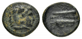 IONIA.Erythrai.(400-300 BC).Ae.

Obv : Head of Herakles right, wearing lion skin.

Rev : Club and bow in bowcase.

Condition : Fine.

Weight : 1.38 gr...