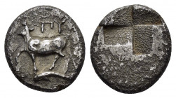 THRACE.Byzantion.(Circa 340-320 BC).Hemidrachm.

Obv : 'ΠΥ.
Bull standing left on dolphin left.

Rev : Stippled quadripartite incuse square.
SNG BM Bl...