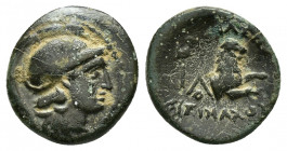 KINGS of THRACE.Lysimachos.(305-281 BC).Lysimacheia.Ae.

Obv : Head of Athena to right, wearing crested Attic helmet.

Rev : ΒΑΣΙΛΕΩΣ ΛΥΣΙΜΑΧΟΥ.
Forep...