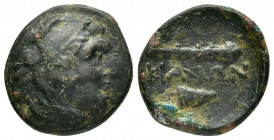 BITHYNIA.Kios.(3rd century BC).Ae.

Obv : Head of Herakles right, wearing lion skin.

Rev : KIANΩN.
Club and bow-in-quiver; monogram to right.
SNG Cop...