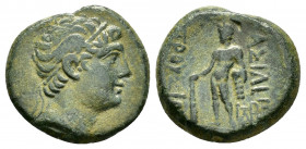 KINGS of BITHYNIA.Prusias II.(182-149 BC).Ae.

Obv : Head right, wearing winged diadem.

Rev : BAΣIΛEΩΣ ΠPOVΣIOV.
Herakles standing left, holding club...