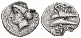 PAPHLAGONIA.Sinope.(Circa 330-300 BC).Drachm. 

Obv : Head of nymph left, with hair in sakkos, aphlaston to left.

Rev : ΦΑΓΕΤΑ ΣINΩ.
Sea-eagle standi...