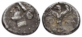 PAPHLAGONIA.Sinope.(Circa 330-250 BC).Hemidrachm.

Obv : Head of nymph left, with hair in sakkos. 

Rev : ΣΙ - ΝΩ.
Eagle facing, head left, wings disp...