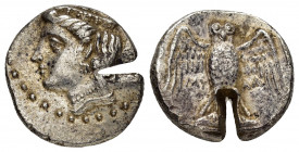 PONTOS.Amisos.(Circa 435-370 BC).Drachm.

Obv : Head of Hera left, wearing ornamented stephanos.

Rev : MY ΛΛ ΠEIPA.
Owl, with wings spread, standing ...