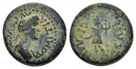 LYDIA.Silandus.Domitia.(82-96).Ae.

Obv : ΔOMITIA AVΓOVCTA.
Draped bust right.

Rev : CIΛANΔЄΩN.
Mên standing left, holding pine cone and leaning upon...