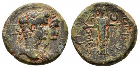 CARIA.Aphrodisias.Tiberius with Livia.(14-37).Ae. 

Obv : CЄBACTOI.
Jugate laureate busts of Tiberius and Livia, draped, right.

Rev : AΠOΛΛΩNIOC AΦPO...