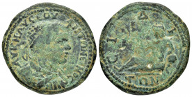 PAMPHYLIA.Side.Caracalla (198-217).Ae.

Obv : AY K M AY CEY ANTΩNЄINOC.
Laureate, draped and cuirassed bust right.

Rev : CIΔHTΩΝ.
The river-god Melas...