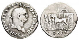 DIVUS VESPASIAN.(Died 79).Rome.Denarius. 

Obv: DIVVS AVGVSTVS VESPASIANVS.
Laureate head right.

Rev: EX S C.
Quadriga left, with temple as car surmo...
