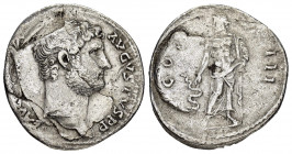 HADRIAN.(117-138).Ephesos.Cistophor. 

Obv : HADTIANVS AVGVSTVS PP.
Bare bust right.

Rev : COS III.
Asclepius standing facing, head left, holding ser...