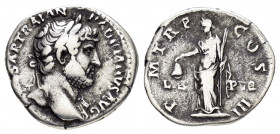 HADRIAN.(117-138).Rome.Denarius. 

Obv : IMP CAESAR TRAIAN HADRIANVS AVG.
Laureate head right.

Rev : P M TR P COS III LIB - PVB.
Libertas standing le...