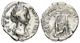 DIVA FAUSTINA I.(Died 140).Rome.Denarius.

Obv : DIVA FAVSTINA.
Draped bust right.

Rev : AETERNITAS.
Draped throne against which rests sceptre; befor...