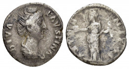 DIVA FAUSTINA I.(Died 140).Rome.Denarius. 

Obv : DIVA FAVSTINA.
Draped bust right.

Rev : AETERNITAS.
Aeternitas standing facing, head left, holding ...