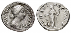 FAUSTINA II.(147-176).Rome.Denarius. 

Obv : FAVSTINA AVGVSTA.
Diademed and draped bust right.

Rev : IVNONI REGINAE.
Juno standing left, holding pate...