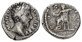 MARCUS AURELIUS.(161-180).Rome.Denarius.

Obv : M ANTONINVS AVG TR P XXV.
Laureate head right.

Rev : COS III.
Jupiter seated left with thunderbolt an...