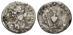 MARCUS AURELIUS.(139-161).Rome.Denarius. 

Obv : AVRELIVS CAESAR AVG PII F COS.
Bare head right.

Rev : PIETAS AVG.
Emblems of priesthood: secespita, ...