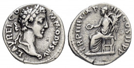 COMMODUS.(177-192).Rome.Denarius. 

Obv : L AVREL COMMODVS AVG.
Laureate head right.

Rev : TR P IIII IMP III COS II P P.
Victory seated left, holding...